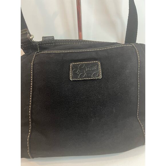 Fossil Lizette Black Leather and Cotton Crossbody Purse Bag Tote - Picture 7 of 14